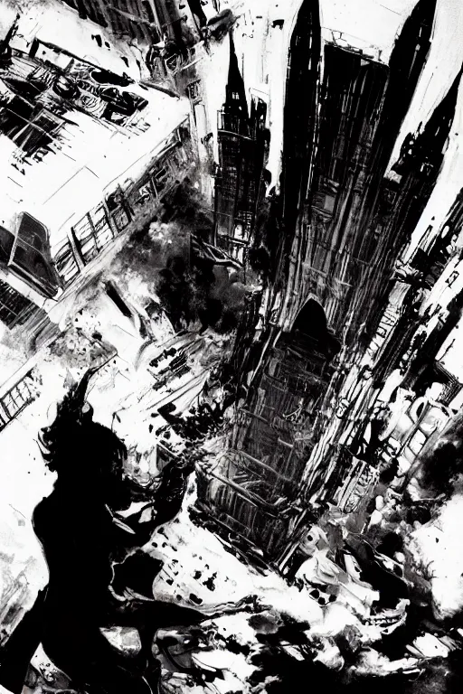 Prompt: full page illustration, tetsuo rips apart the Chrysler building Katsuhiro Otomo, Phil hale, Mike Mignola, 8k, hd, high resolution print