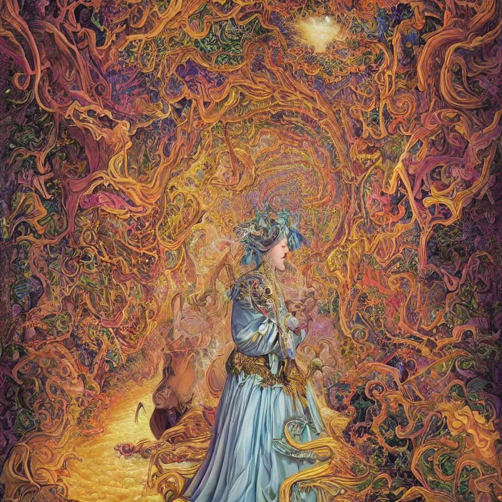 Image similar to beautiful oil painting, full length portrait of dauphinois in baroque coronation robes 1701, Dan Mumford, Dan Mumford, Alex grey, hyacinthe rigaurd, highly detailed , lsd visuals, dmt fractal patterns, hallucinogen, visionary art, psychedelic art, ornate, vaporwave, baroque, Greg rutkowski