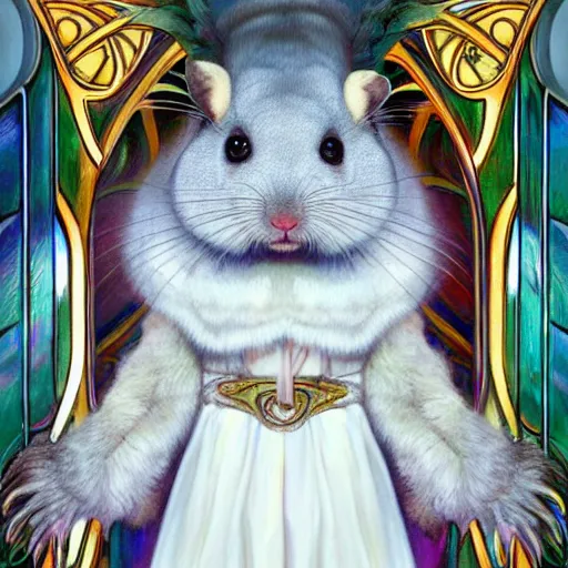 Image similar to a photograpic portrait of a anthropomorphic chinchilla wearing white clothes, iridescent colors, fantasy, intricate, elegant, highly detailed, digital painting, artstation, concept art, smooth, sharp focus, illustration, art by artgerm and H R Giger and alphonse mucha