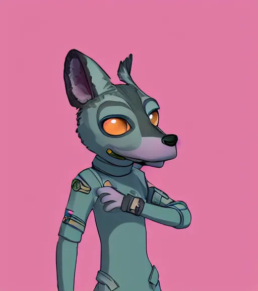 Image similar to digital detailed full body of anthromorphic female hyena, in style of zootopia, zootopia, zootopia, fursona, furry, furaffinity, 4 k, deviantart, wearing astronaut outfit, in style of zootopia, floating in space, space background, in deep space, dark background, hyena fursona, cyberpunk, female, stylized face,
