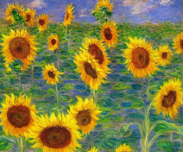 Image similar to sunflowers, monet, water painting, bright colors, sunlight, happy, peaceful, serene, joy