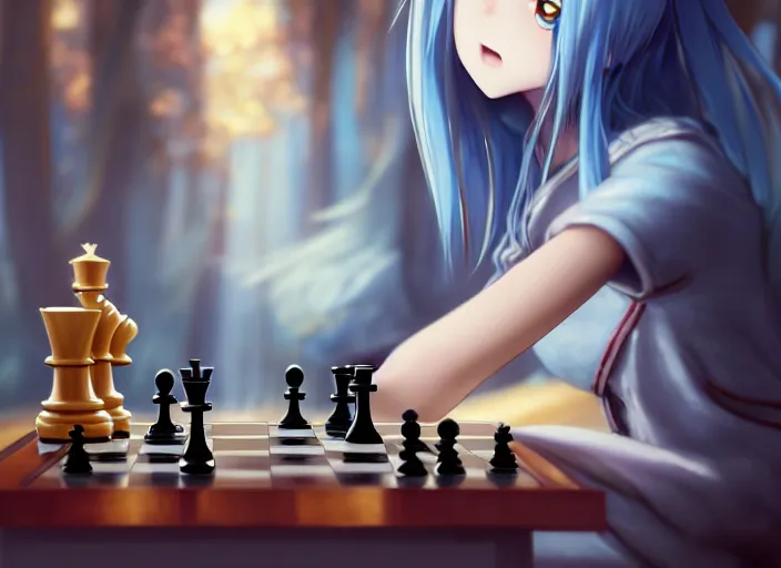 Image similar to rimuru playing chess, with gold eyes, straight hair, sky blue hair, long bangs, high collar, concept art, award winning photography, digital painting, cinematic, by wlop, anime key visual, wlop, 8 k, by ross tran, tom bagshaw, andy warhol