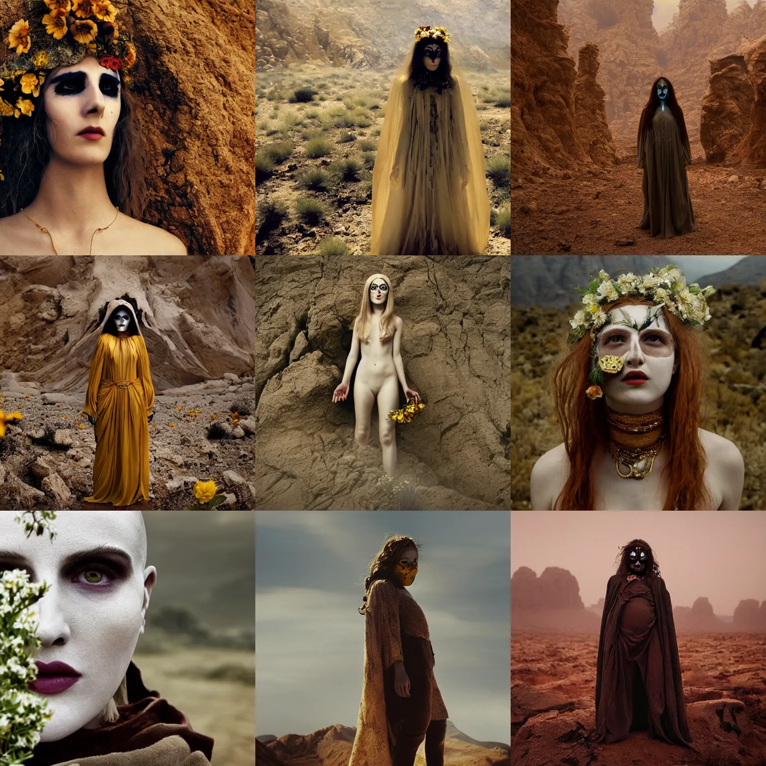 Prompt: The full body shot of beautiful pale witch with a while flower and full-face golden mask in a rocky desert background, multiple eyes and eyes reflection by Lubezki, Gaspar Noe, Darren Aronofsky, Guillermo del Toro and Christopher Doyle, long hair, photography, wide shot, day, cinematic composition, practical effects, award winning photo, 8k