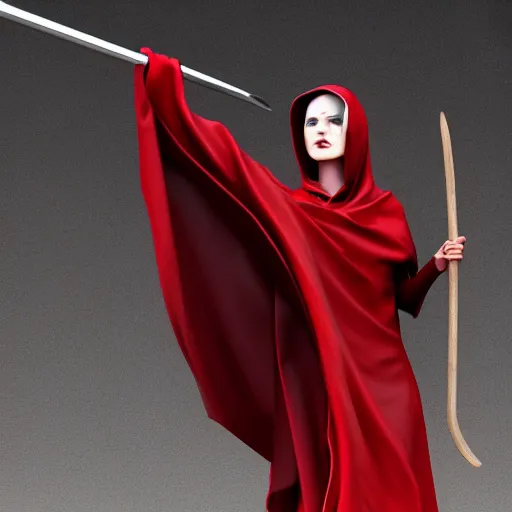 Image similar to A female Grim Reaper, wearing a red cloak and hood, holding a scythe, Photo realistic, hyper detail, Gustavo Dore’, Hyper realism, 3-D shading, octane render, art station,