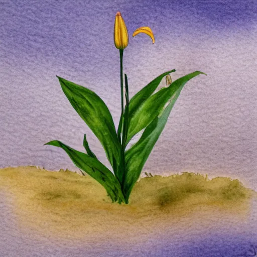 Prompt: a lone lily growing in a field of mud, realistic watercolour