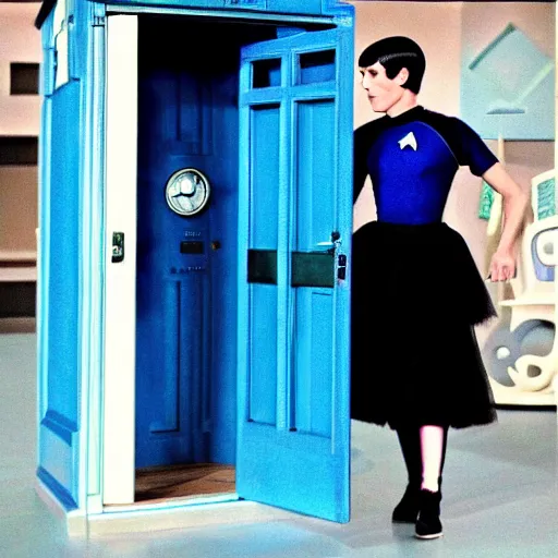 Prompt: spock!!!!!!!! in blue tutu exiting the tardis!!!!!!!, spock spock spock tardis tardis tardis color photo