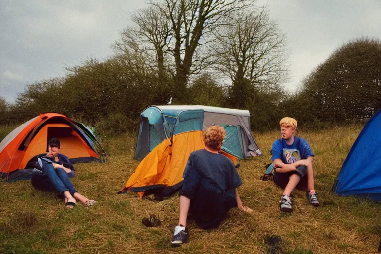 Image similar to candid photo of 3 teenagers camping at Glastonbury, UK, Kodak Portra 200,8K,highly detailed: beautiful perspective closeup environmental portrait photo in style of 2000s retrofuturism, cinema lighting , by beksinski, photography fashion edition, tilt shift, highly detailed, focus on man ;blonde hair;blue eyes, clear eyes, soft lighting