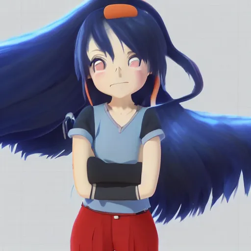 Image similar to a wholesome animation key shot of a girl with long dark blue hair and a raccoon tail, medium shot, studio ghibli, pixar and disney animation, sharp, rendered in unreal engine 5, anime key art by clamp, bloom, dramatic lighting