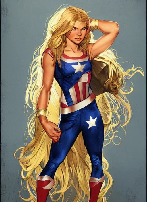 Image similar to toned young april with a mischievous face and extremely long blonde wavy hair dressed as superhero in her early twenties, posing with arms tucked behind back, captain america, tight fit, curvaceous, intricate detailed face, shiny, greg rutkowski, alphonse mucha