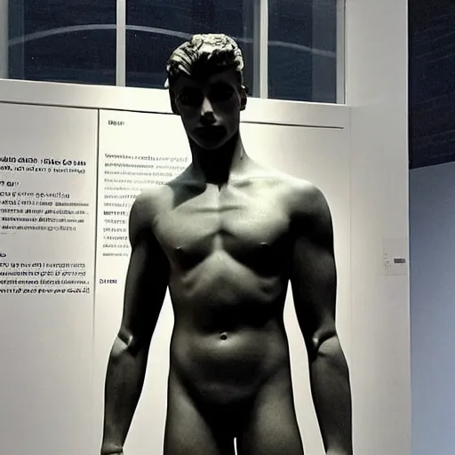 Image similar to “a realistic detailed photo of a guy who is an attractive humanoid who is half robot and half humanoid, who is a male android, British diver Chris Mears, shiny skin, posing like a statue, blank stare, at the museum, on display”