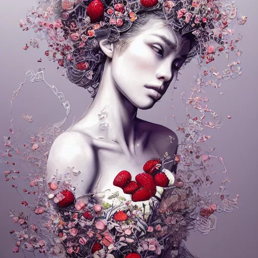 Image similar to the portrait of an absurdly beautiful, graceful, elegant, sophisticated, fashionable young woman made of strawberries and white petals looking down, an ultrafine hyperdetailed illustration by kim jung gi, irakli nadar, intricate linework, bright colors, octopath traveler, final fantasy, unreal engine 5 highly rendered, global illumination, radiant light, detailed and intricate environment