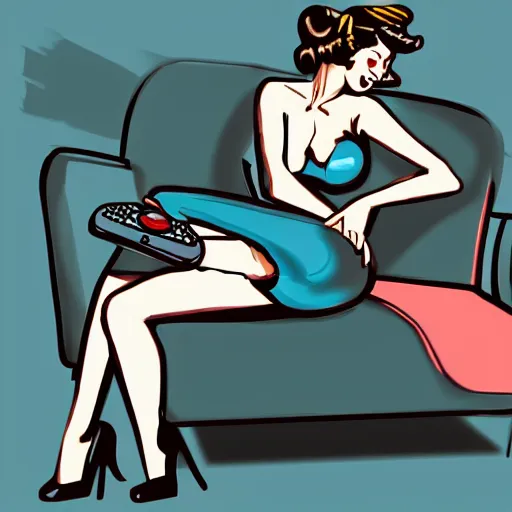 Image similar to a pin up woman playing a videogame, front view, digital art, photoshop, dark lighting, couch, holding a control