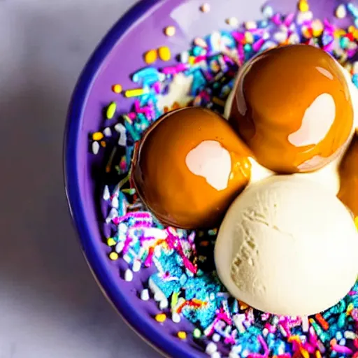 Image similar to closeup of a bowl with three balls of vanilla ice cream with caramel sauce and colorful sprinkles. Highly detailed.