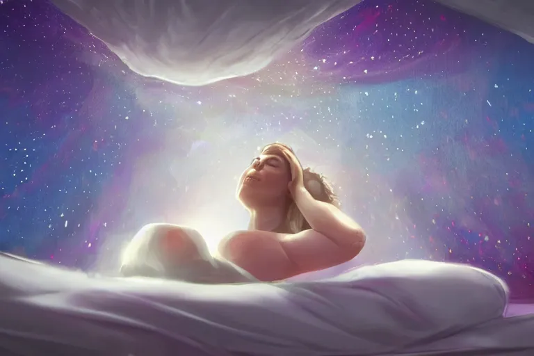 Prompt: a woman of great beauty lies in the center of a spacious bed, as she looks up at the ceiling, dreaming about a faraway place, digital art, 3 d modeling, light painting, night scene, surrealism, illustration, digital illustration, painted, overhead view!!