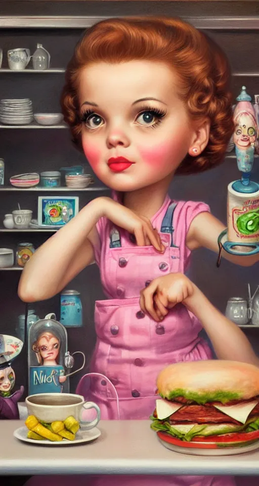 Image similar to closeup profile portrait of a 1 9 5 0 s diner, nicoletta ceccoli, mark ryden, lostfish, max fleischer, hyper realistic, artstation, illustration, digital paint, matte paint, vivid colors, bright, cheerful, detailed and intricate environment