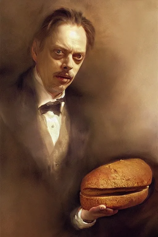 Prompt: beautiful portrait of steve buscemi as an anthropomorphic loaf of bread, art by anders zorn, wonderful masterpiece by greg rutkowski, beautiful cinematic light, american romanticism thomas lawrence, greg rutkowski