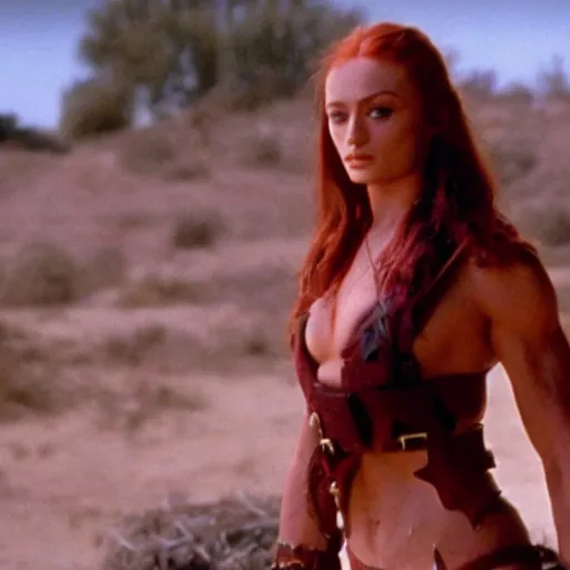 Image similar to still of muscular sophie turner in the beastmaster ( 1 9 8 2 ), high resolution