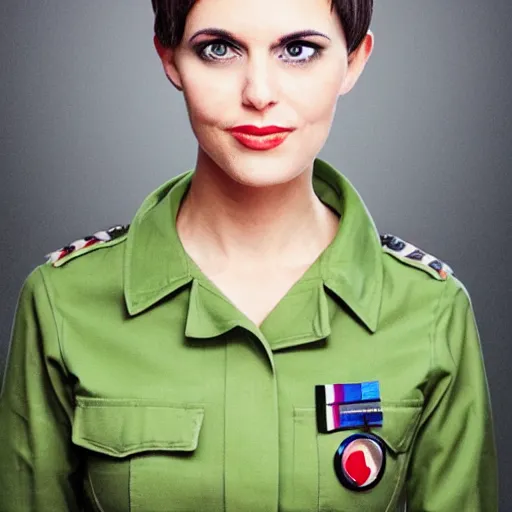 Prompt: brunette woman, short hair, flipped out hair, bright green eyes, fascist uniform, smirk