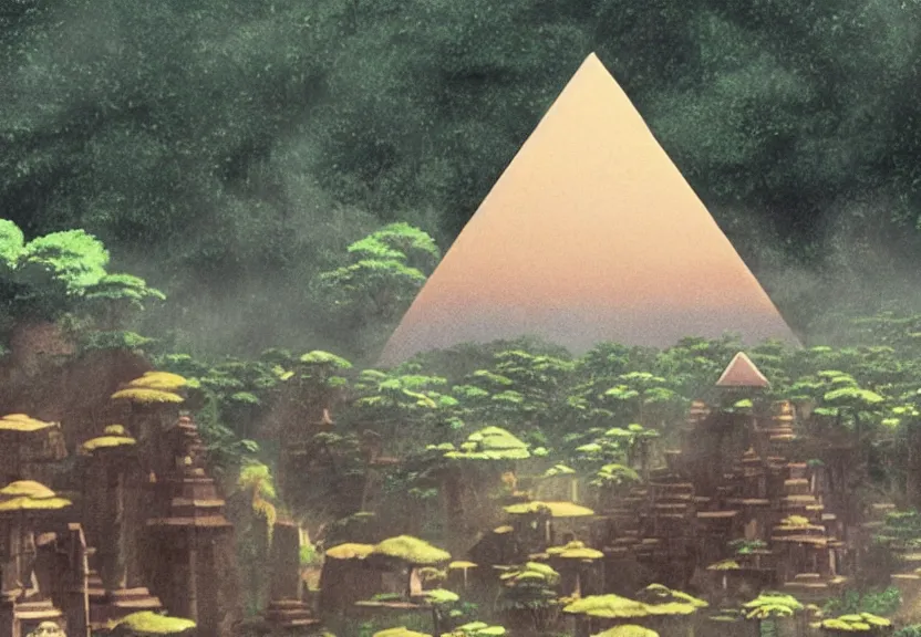 Image similar to a movie still from a studio ghibli film showing several large white pyramids and a golden ufo in the amazon jungle. very muted colors