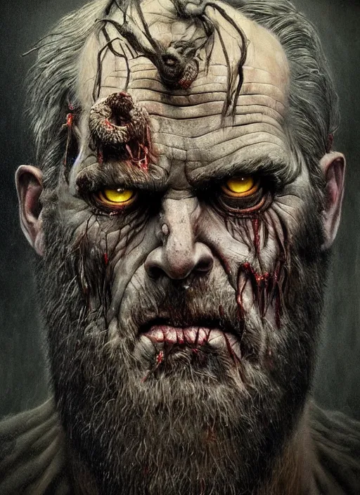 Prompt: portrait of a 6 0 year old giant man zombie wiking with long tattered tangles of thinning black hair, eerie glowing eyes, wall hanging trophy taxidermy, hyper realistic head, fantasy art, in the style of greg rutkowski, zdizslaw beksinski, intricate, alphonse mucha, hyper detailed, smooth