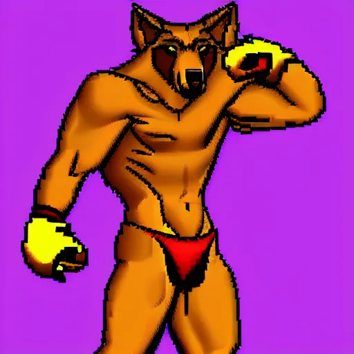 Prompt: full body antropomorphic muscular masculine wolf. kickboxer. wolf head. furr. 1 6 bit sega graphics. retrowave