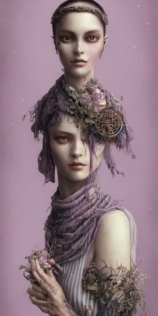 Image similar to a beautiful hyperrealistic solarpunk portrait pose of a stunning model in a striped mauve-and-soot dress, intricate, elegant, highly detailed, smooth, sharp focus, award-winning, masterpiece, in the style of Tom Bagshaw, Cedric Peyravernay, Peter Mohrbacher