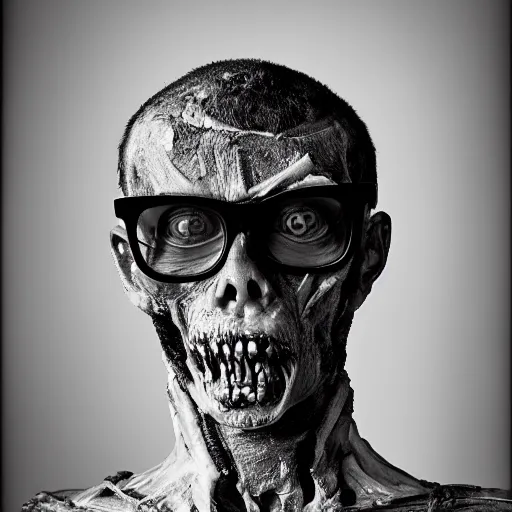 Prompt: 8 5 mm f 1. 8 photograph of a zombie mummy wearing hipster glasses, highly detailed, by erwin olaf and anton corbijn, smooth, sharp foccus, commercial photography, fashion shoot