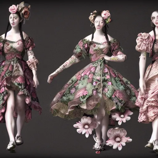 Image similar to 8k, realism, octane render, renaissance, rococo, baroque, group of creepy young ladies wearing long harajuku manga dress with flowers and skulls, background chaotic flowers