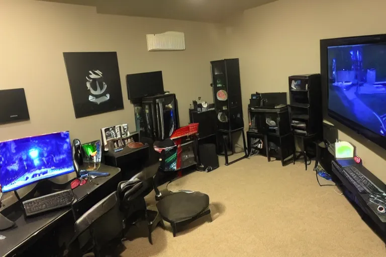 Image similar to gaming setup in the backrooms