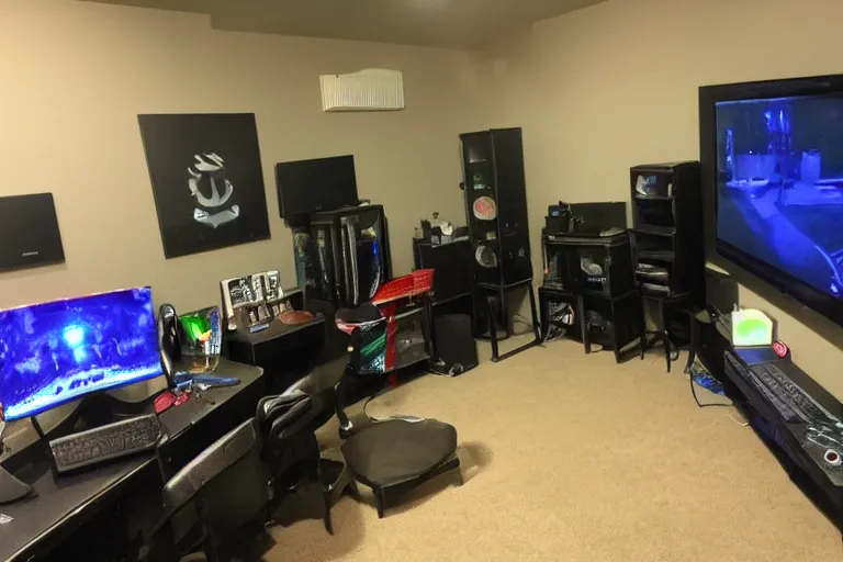 Prompt: gaming setup in the backrooms