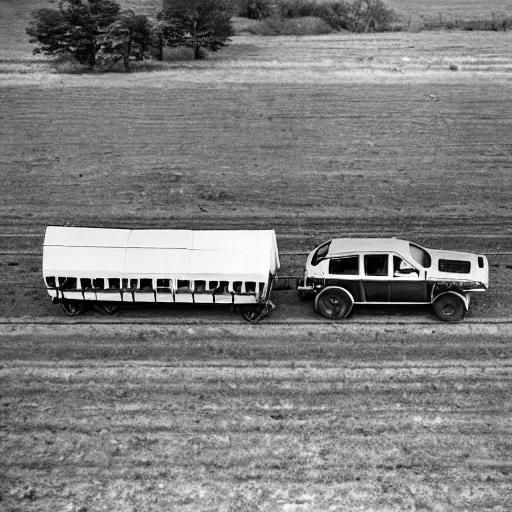 Image similar to a birds - eye view sepia photograph of a delorean made into a covered wagon, traveling in a line with covered wagons and cattle