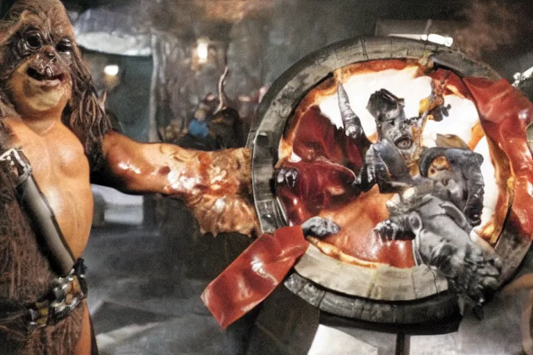 Image similar to a film still of pizza the hut in the Xmen, high quality