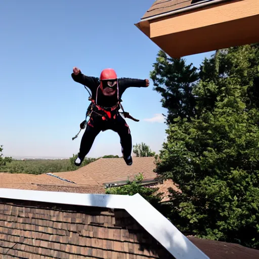 Prompt: base jumping off of roof of suburban house, tv news headline