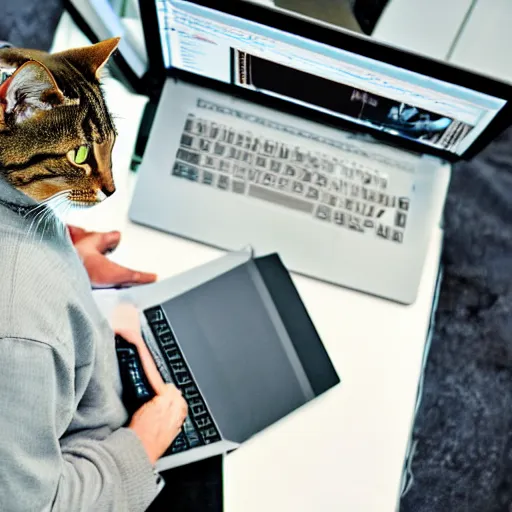 Prompt: a cat coder programming on a laptop to catch a deadline