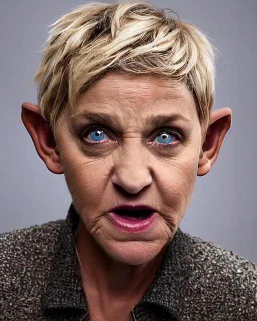 Image similar to angry ellen degeneres as a goat person, she looks like a demonic mythological satyr with yellow goat eyes with horizontal pupils, long goat like ears, and goat horns on her head, 8 k, photo shoot, 9 inch kershaw soft focus lens f / 5. 6 bokek