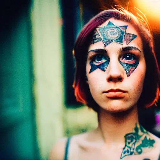 Image similar to beautiful young woman with gutterpunk pen ink face tattoos at golden hour, stars in background, cinematic diane arbus, leica s, fuji 8 0 0, grainy, low light