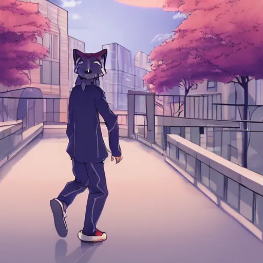 Prompt: key anime visual of a handsome male anthro wolf furry fursona wearing an edgy outfit as he walks outdoors in a city at sunset, official modern anime scene