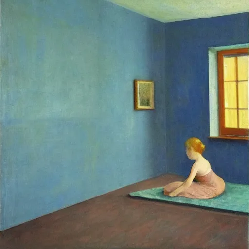 Prompt: a young girl in a blue golden room, film still by edward hopper, by Bosch, by klimt, art noveau, highly detailed, strong lights, liminal, eerie, Bright pastel colors