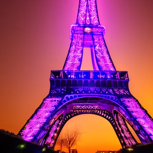 Prompt: Eiffel Tower covered in purple lovecraftian tendrils and glowing orange eyes