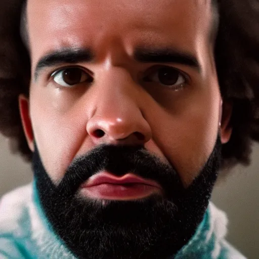 Prompt: a cinematic film still of Drake starring in The Shining, portrait, 40mm lens, shallow depth of field, close up, split lighting, cinematic