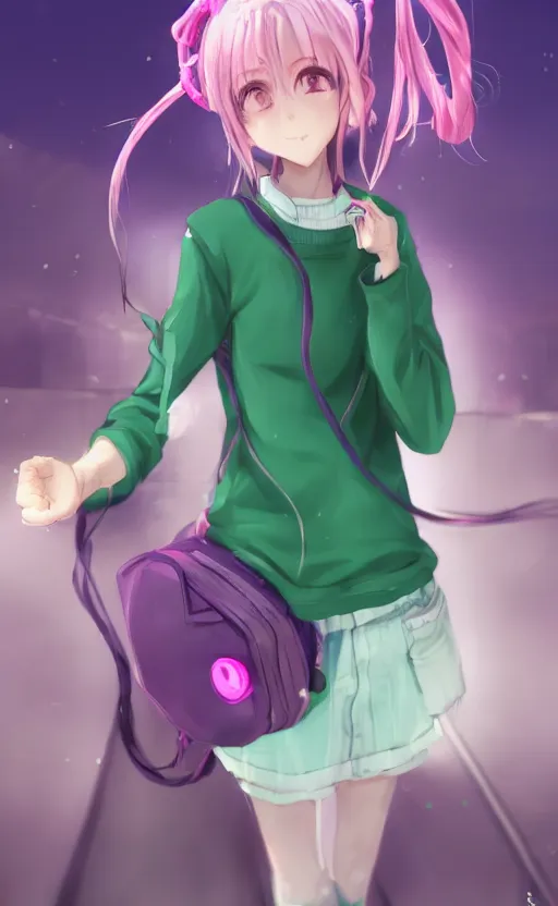 Image similar to anime girl with pink ponytail, wearing purple headphones, wearing a green sweater, with a smile on her face and her eyes closed, walking down a street, dynamic lighting, photorealistic fantasy concept art, trending on art station, very detailed, anime concept art, stunning visuals, creative, cinematic, ultra detailed