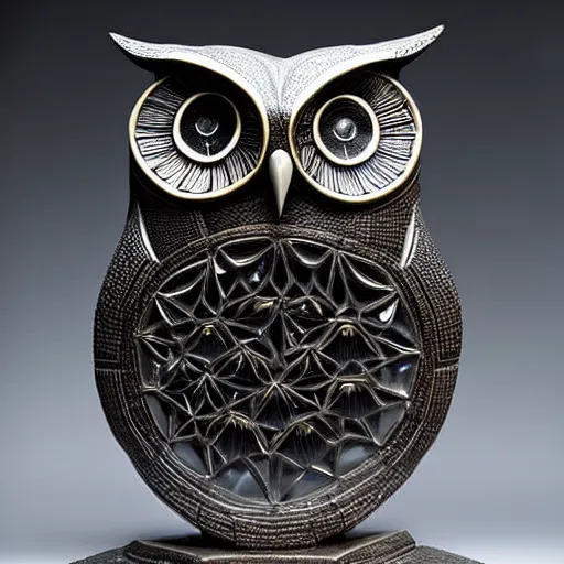 Prompt: symmetrical detailed sculpture of an owl, made of Smooth Glowing Obsidian