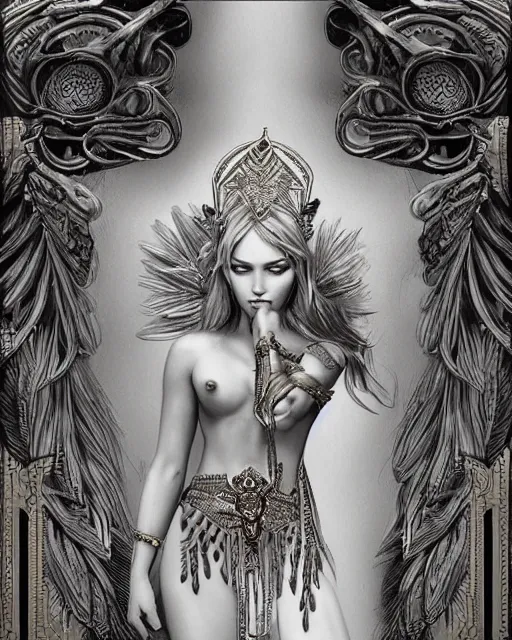 Image similar to tattoo design sketch of hot blonde super model as aphrodite greek goddess wearing a gold laurel wreath and triangle earrings, beautiful piercing gaze with sharp pupils, in the style of greg rutkowski, fantasy, amazing detail, epic, elegant, smooth, sharp focus, front view