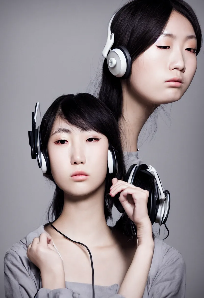 Prompt: single japanese young woman waist up portrait, headphones listening to music, elegant as fashion editorial shot, highly detailed, smooth, sharp focus, dramatic lighting, photo by vogue