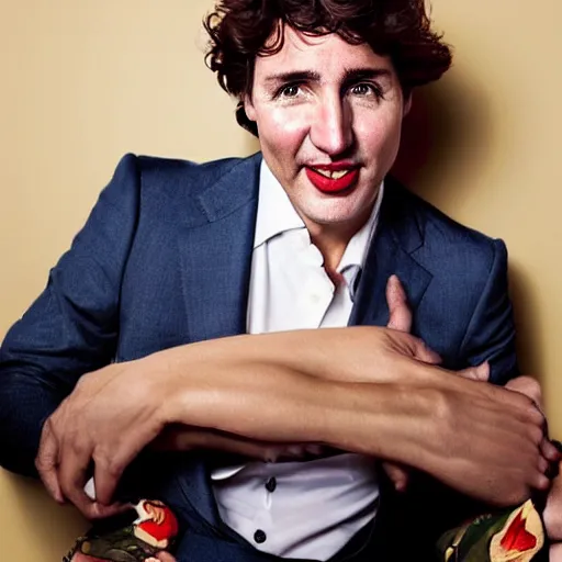 Image similar to 💄 🤡 a portrait of Justin Trudeau by Martin Schoeller, photorealistic, global lighting