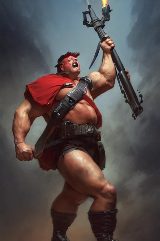 Prompt: fullbody frontal portrait of a big strong muscular! female with very short black hairs and a red bandana, shouting, dressed in a military uniform, holding a big! cannon, in a starship full of smoke, by greg rutkowski and gaston bussiere and craig mullins and j. c. leyendecker, volumetric lighting, highly detailed portrait, hd