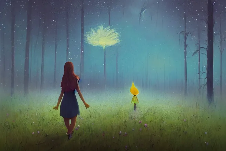 Image similar to giant daisy flower as face, girl walking in forest, surreal photography, dark night, stars, moon light, impressionist painting, clouds, digital painting, artstation, simon stalenhag