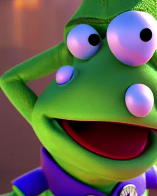 Image similar to Film still close-up shot of kermit the frog as Buzz Lightyear in the movie Toy Story 3. Photographic, photography