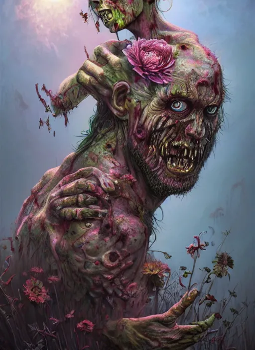 Image similar to zombie with flowers sprouting out of his body, in the style of tomasz alen kopera and fenghua zhong and peter mohrbacher, mystical colors, rim light, beautiful lighting, 8 k, stunning scene, raytracing, octane, trending on artstation