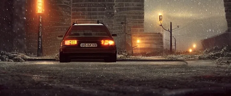 Image similar to Audi A4 B6 Avant (2002), a gritty neo-noir, dramatic bright lighting, cinematic, establishing shot, extremely high detail, photorealistic, cinematic lighting, artstation, by simon stalenhag, Snowy ukrainian road, At night, Poets of the Fall - Late Goodbye